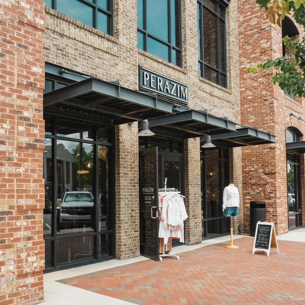 A brick retail storefront with glazed entrances and metal entrance canopies.