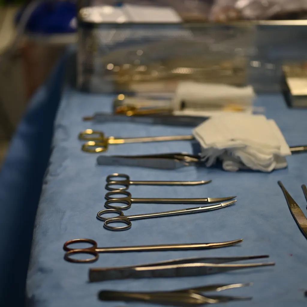 Metal surgical clamps, scissors and forceps arranged on a blue sterile drape.