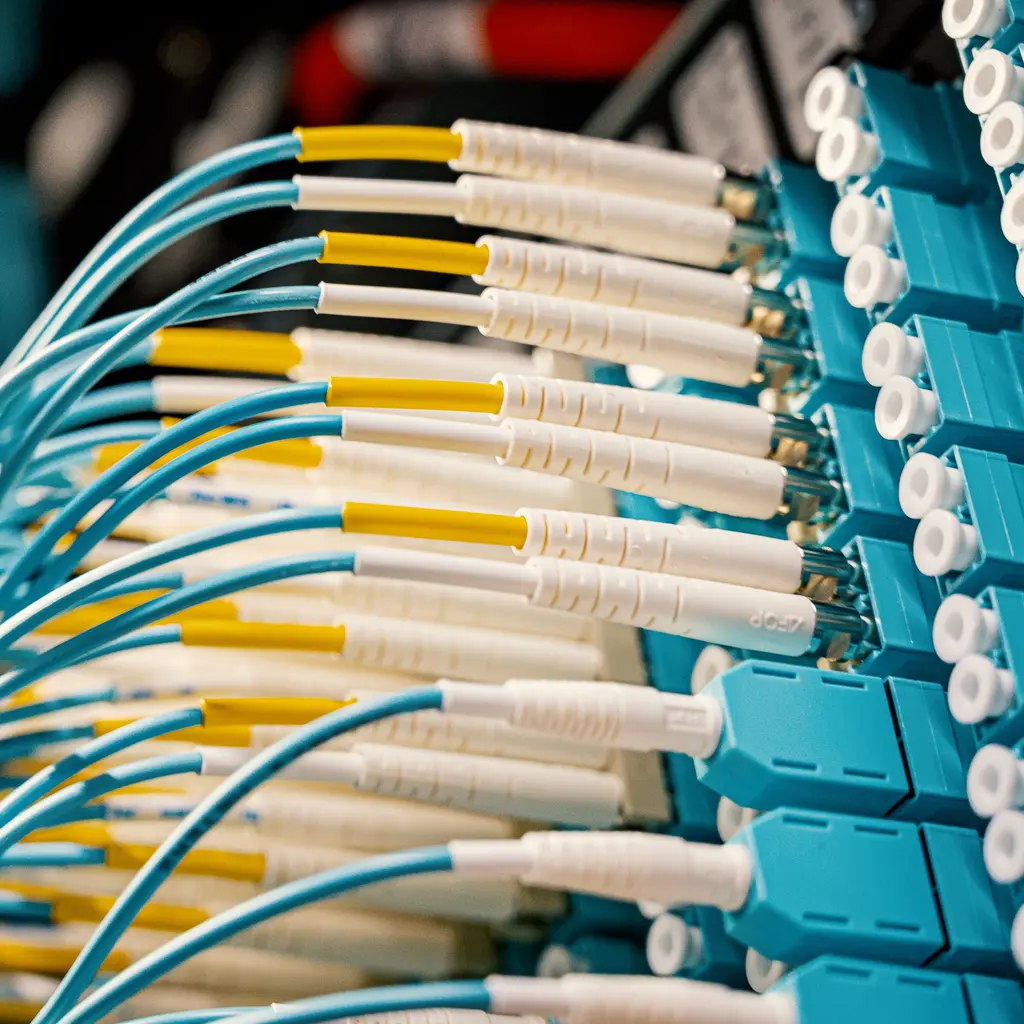 Fiber-optic connections and patch cables in network equipment.