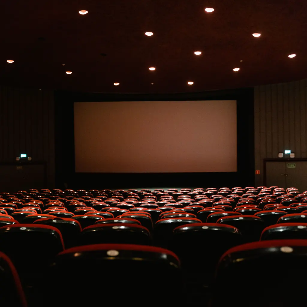 Rows of red-and-black cinema seats face a blank screen beneath ceiling lights.