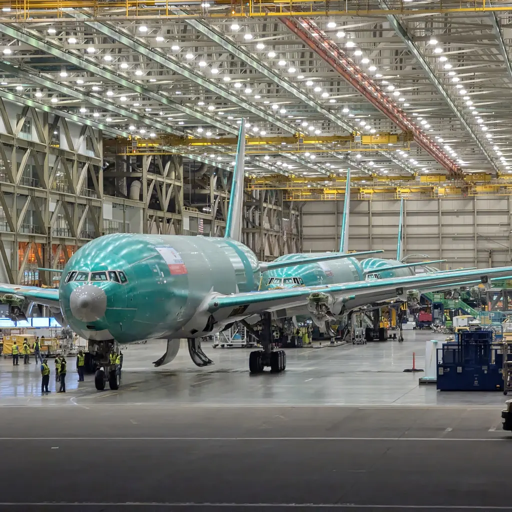 Unpainted passenger-aircraft fuselages on an assembly floor inside a large factory.