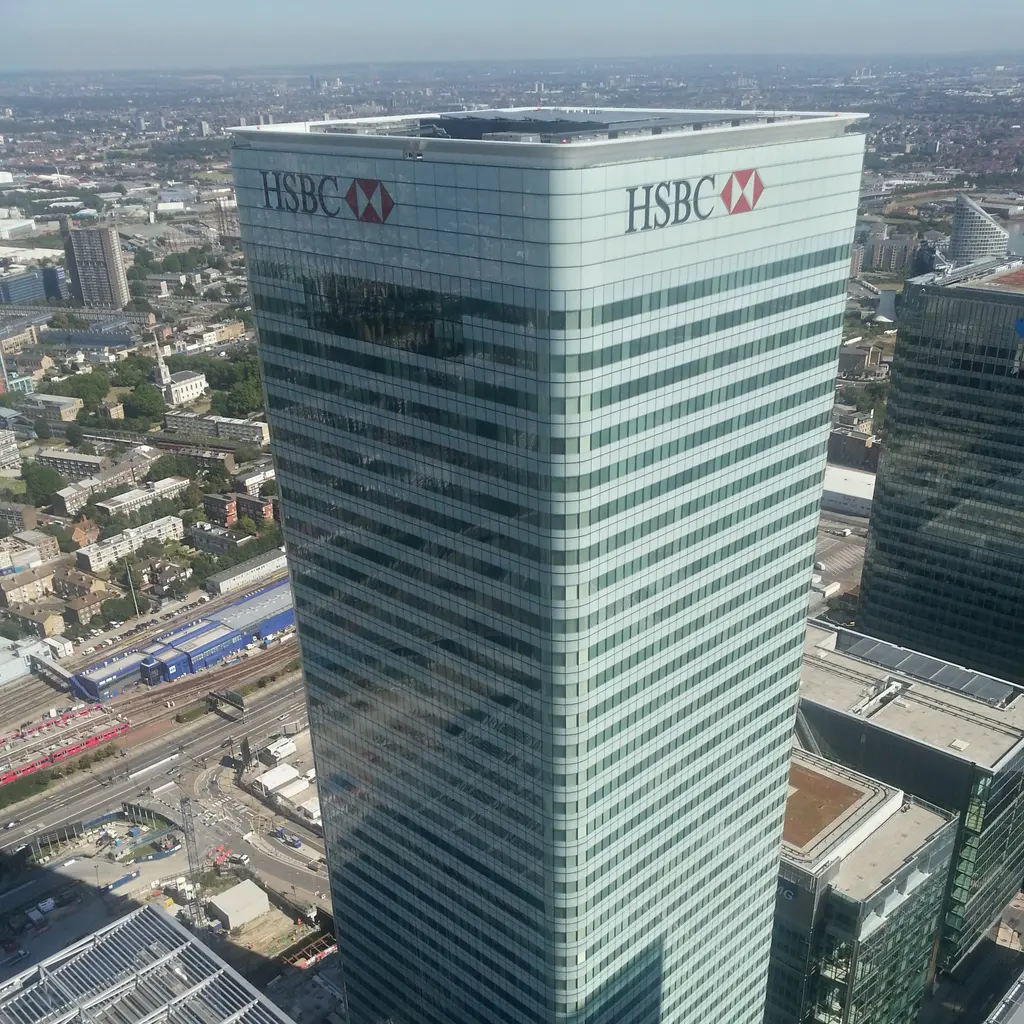 A glass office tower displaying the HSBC name.