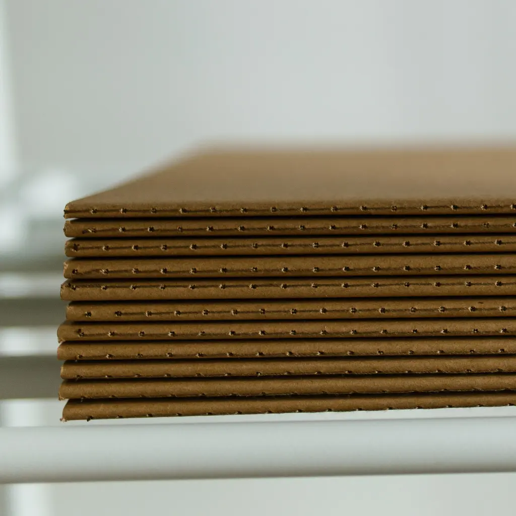 A stack of corrugated cardboard sheets with their fluted edges visible.