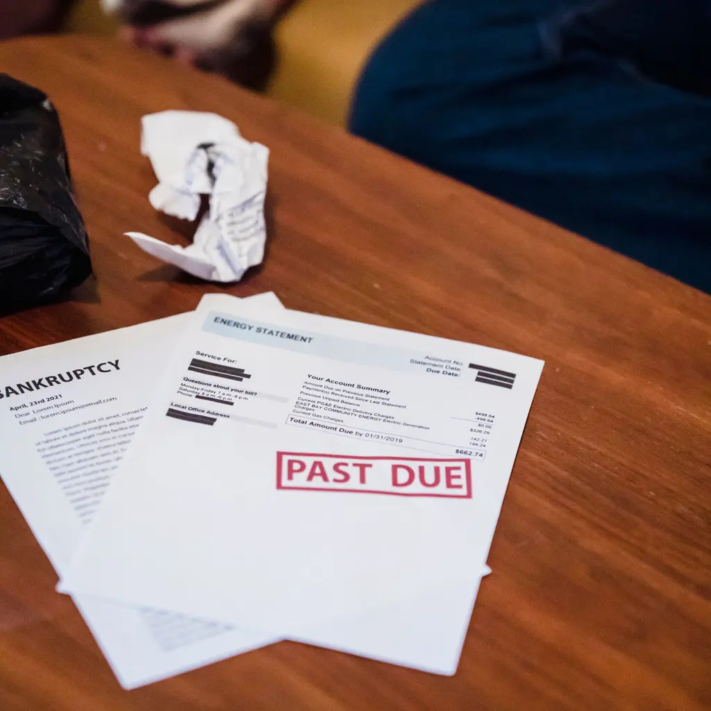 A past-due notice and sample financial documents on a desk.