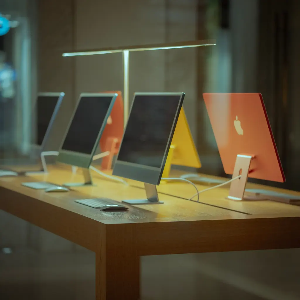 Rows of desktop computers arranged on a display counter.