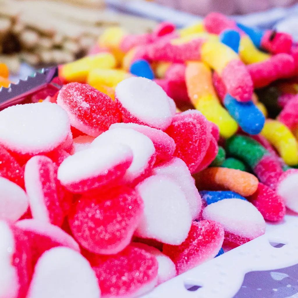 An assortment of colorful sugar-coated gummy candies displayed together.