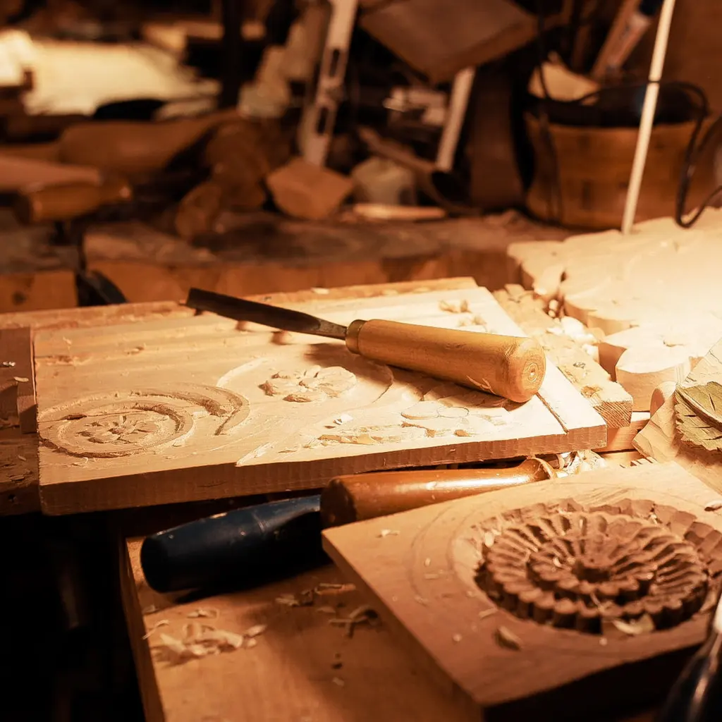 Carved decorative wooden panels and hand tools on a woodworker’s bench.