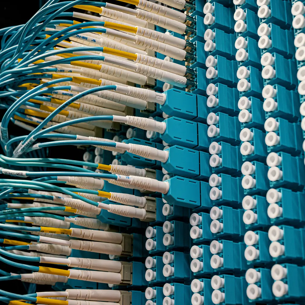 Fiber-optic patch cables with pale connectors plugged into a blue patch panel.