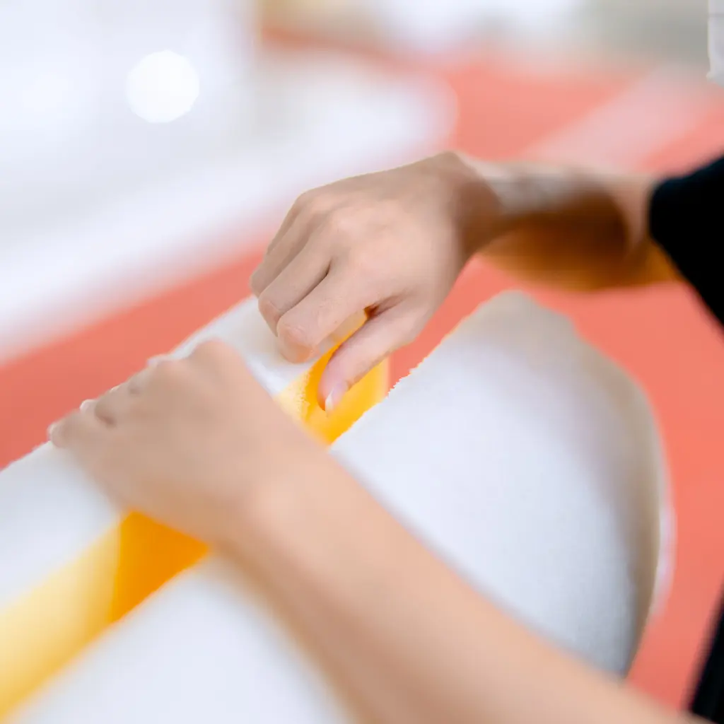 Hands fitting flexible yellow foam into a white cylindrical form.