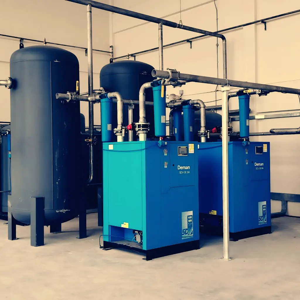 Industrial air-compressor units connected to blue receiver tanks and overhead pipes.