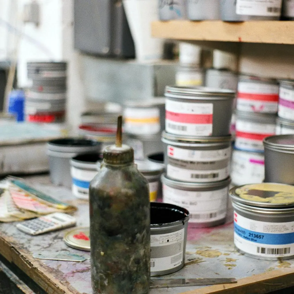 Open and stacked tins of printing ink on a workshop table.