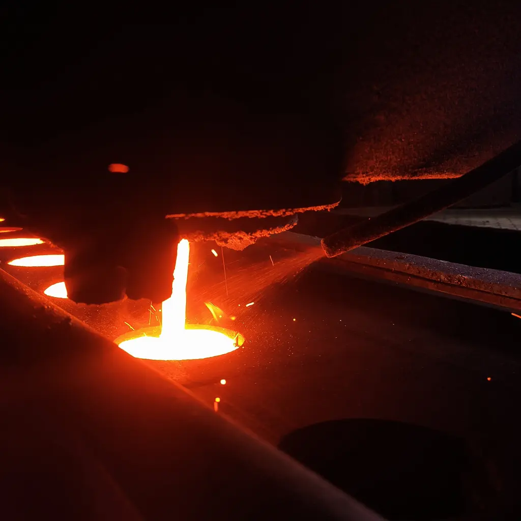 Molten cast iron pouring from a ladle into a sand mold.