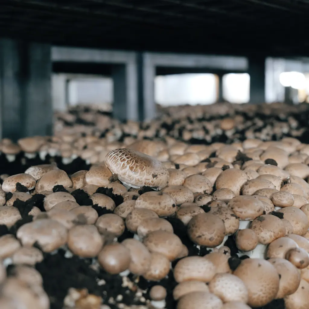 Cultivated button mushrooms growing in rows on an indoor farm bed.