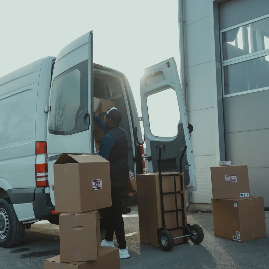 A delivery worker handling parcels beside an open cargo van and hand truck.