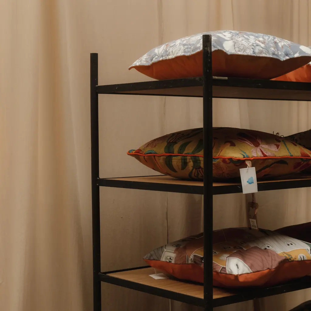 Decorative cushions arranged on metal shelves.