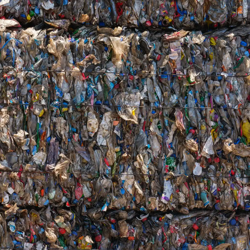 Compressed bales of mixed plastic containers at a recycling center.