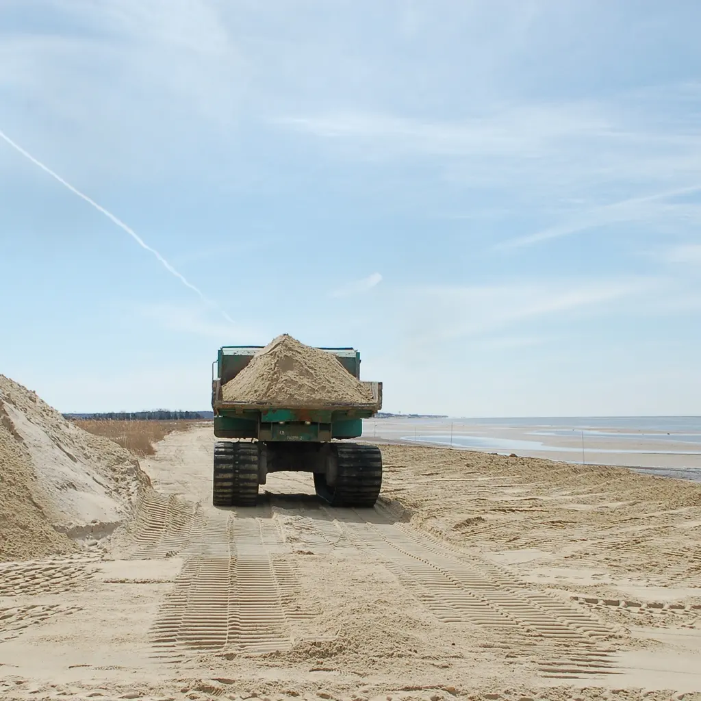 A loaded dump truck hauling sand along a beach restoration site.