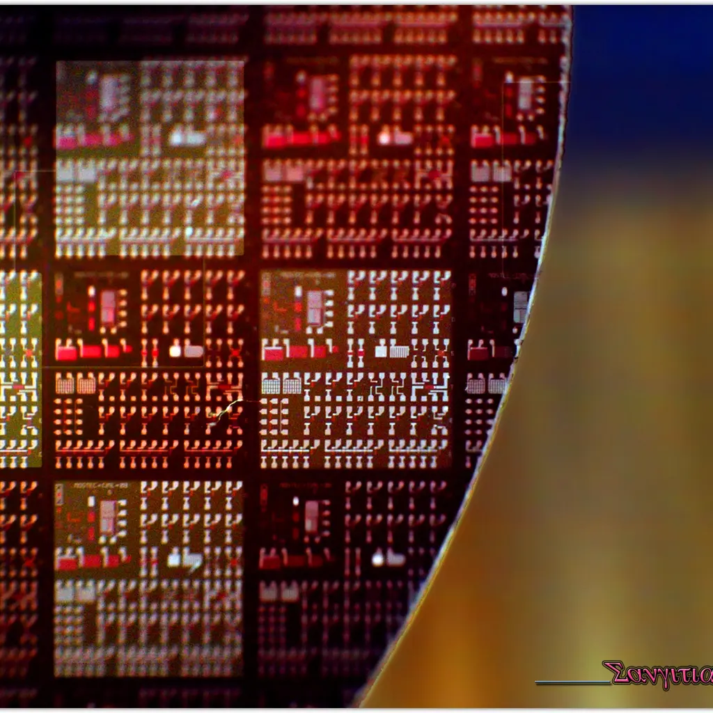 A patterned semiconductor wafer reflecting colored light.