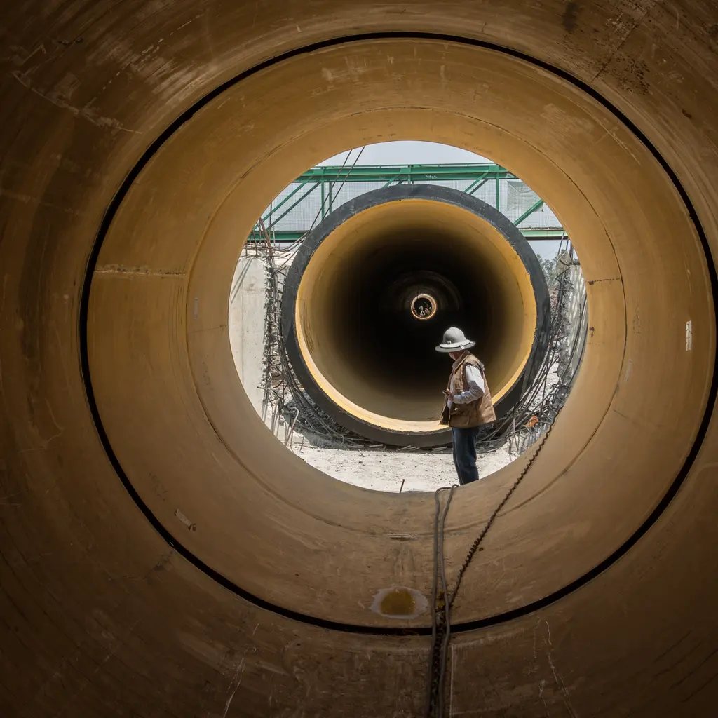 A worker standing between large pipeline sections during installation.