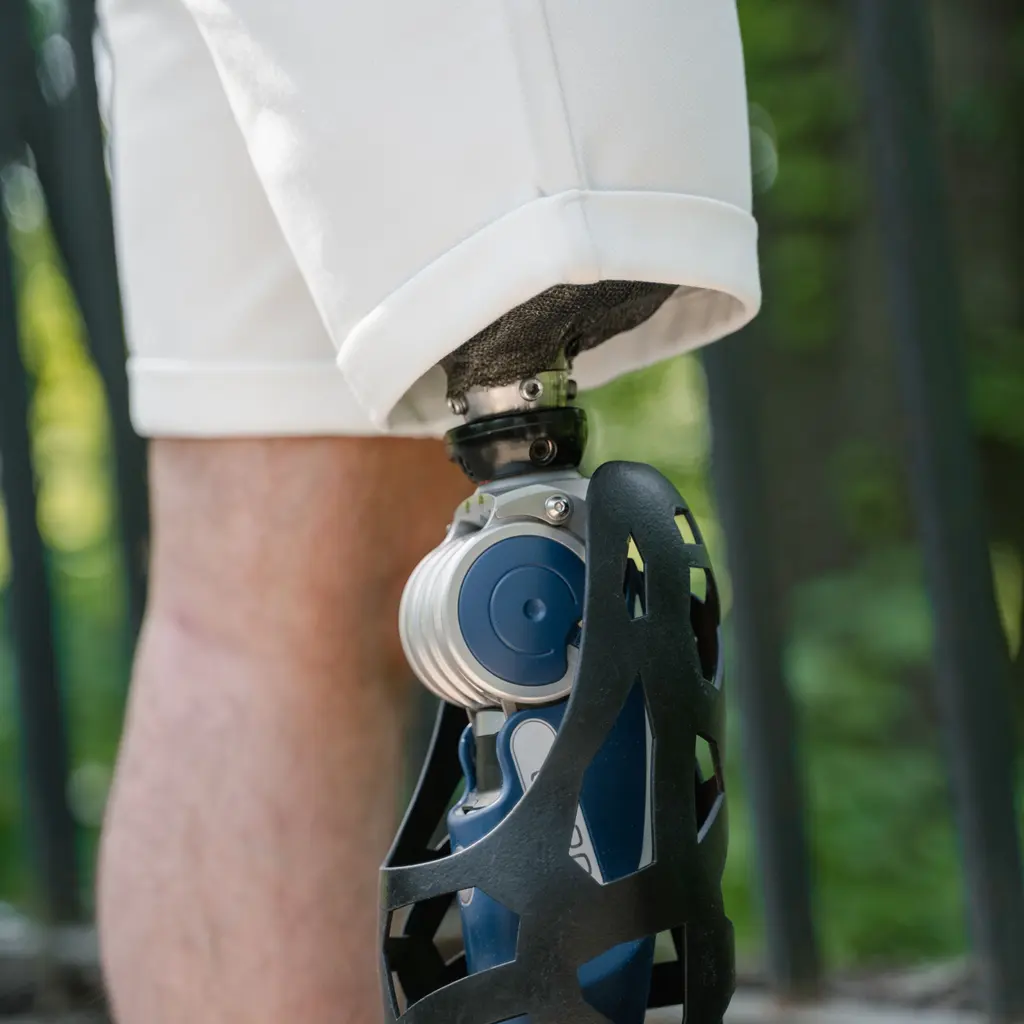 A close view of an articulated prosthetic knee and lower-leg assembly beneath white shorts.