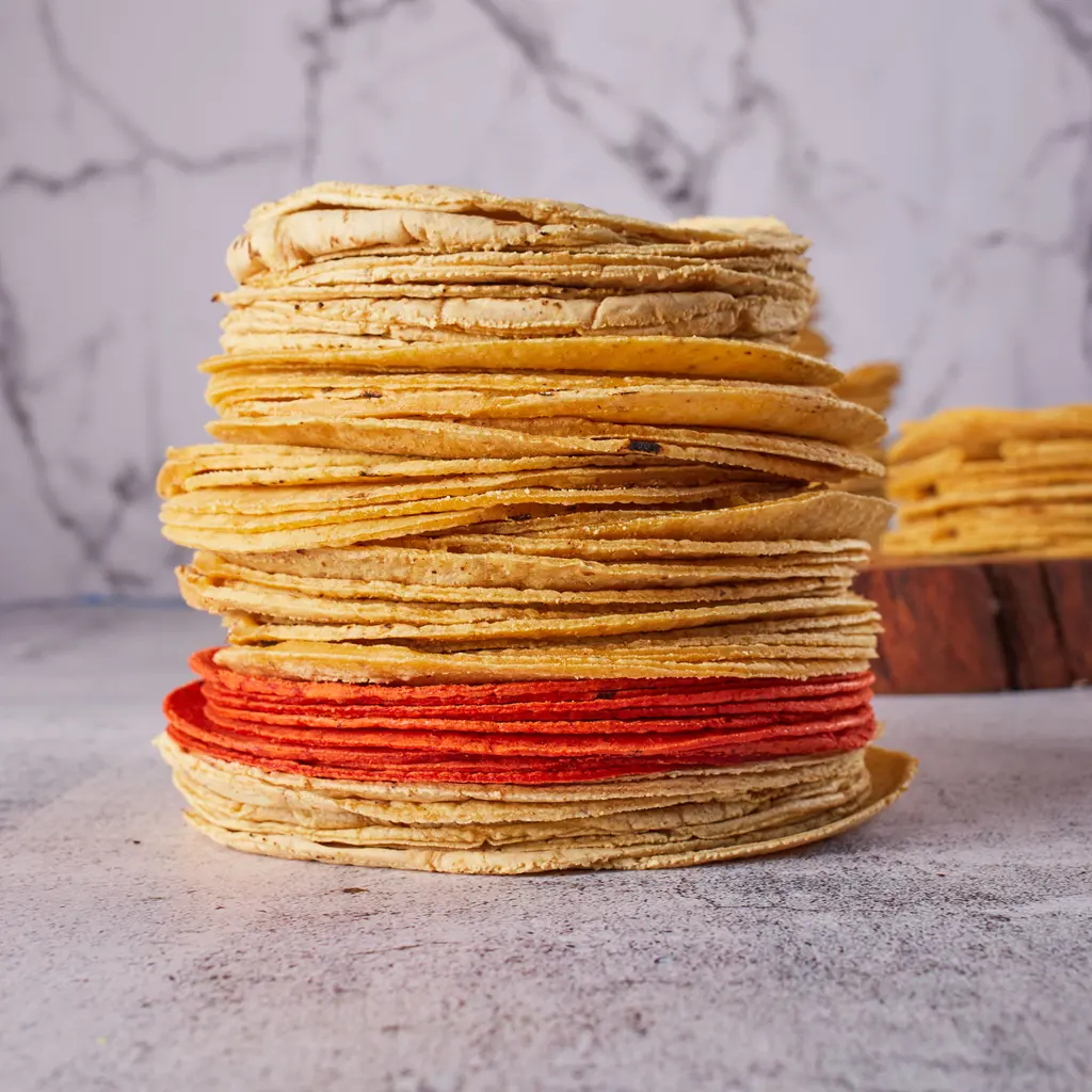 A tall stack of plain corn tortillas in several colors on a countertop.