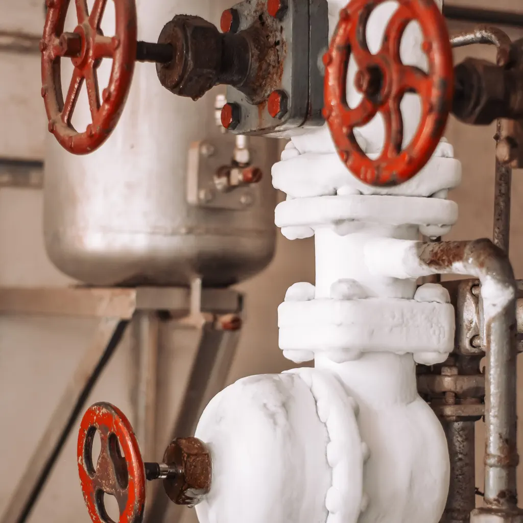 Industrial valves with red handwheels and bolted fittings on insulated pipes.