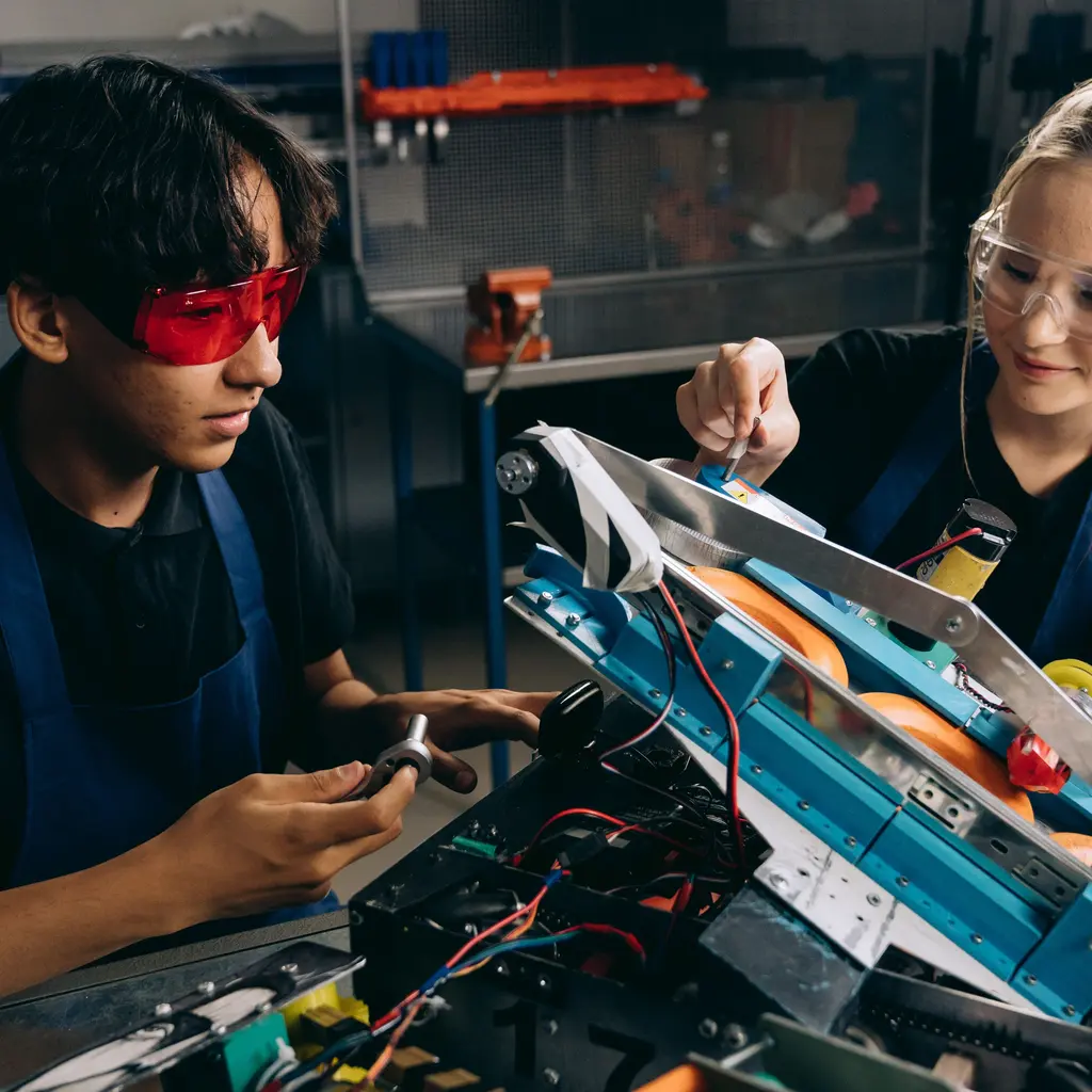 Two people working together on electronics at a workshop bench.