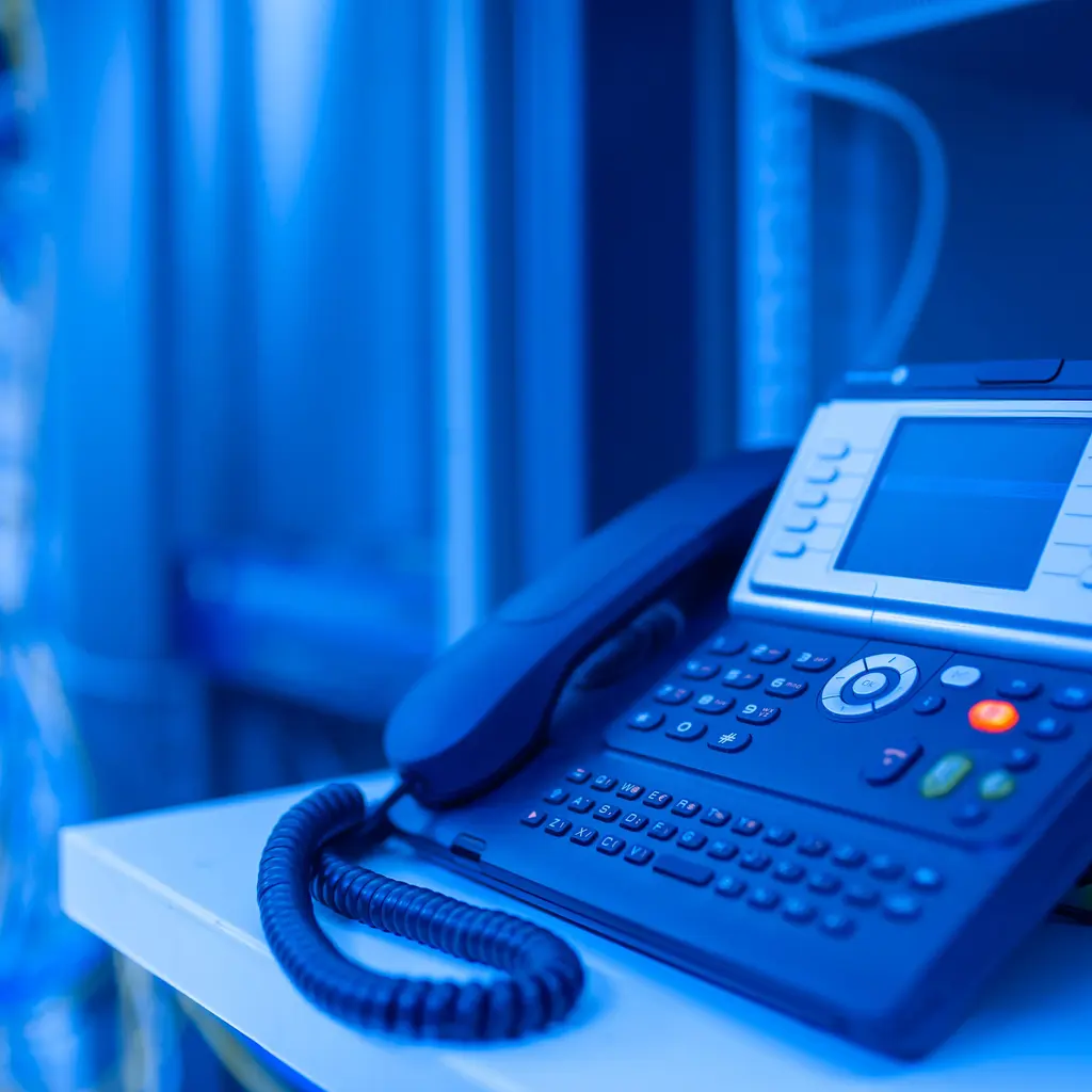 An IP desk telephone with a keypad and display beside data-center equipment.