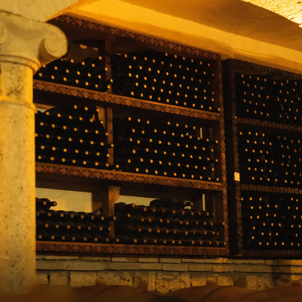 Rows of wine bottles stored horizontally in wooden cellar shelving.