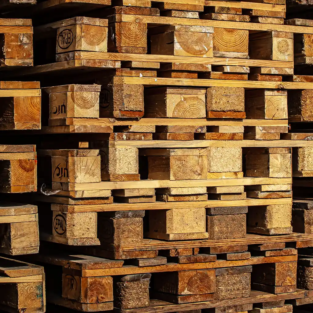 Stacks of wooden shipping pallets showing deck boards and support blocks.