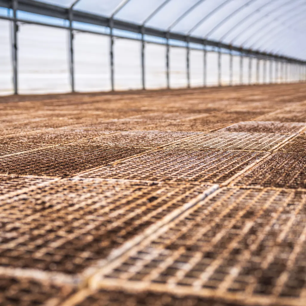 Soil-filled cell trays cover the floor of a nursery greenhouse.