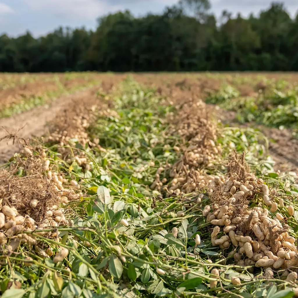 Dug peanut plants lie in long field rows with their pods exposed.