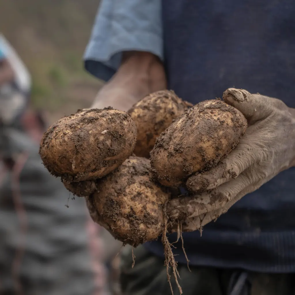 Hands holding soil-covered potatoes after harvest.