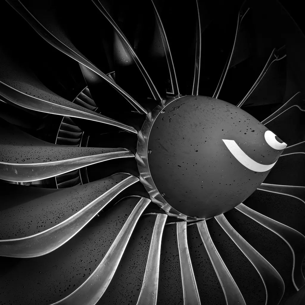 Close-up of a jet engine inlet showing curved fan blades and a central spinner.