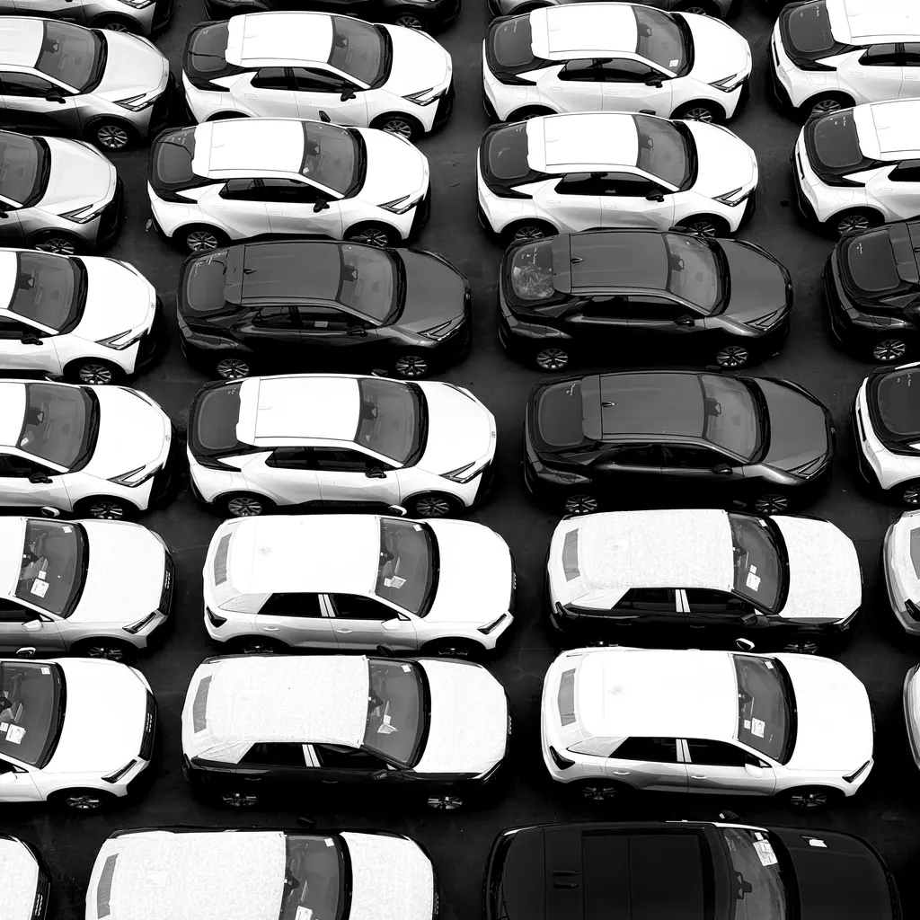 Rows of closely parked black and white cars viewed from above.