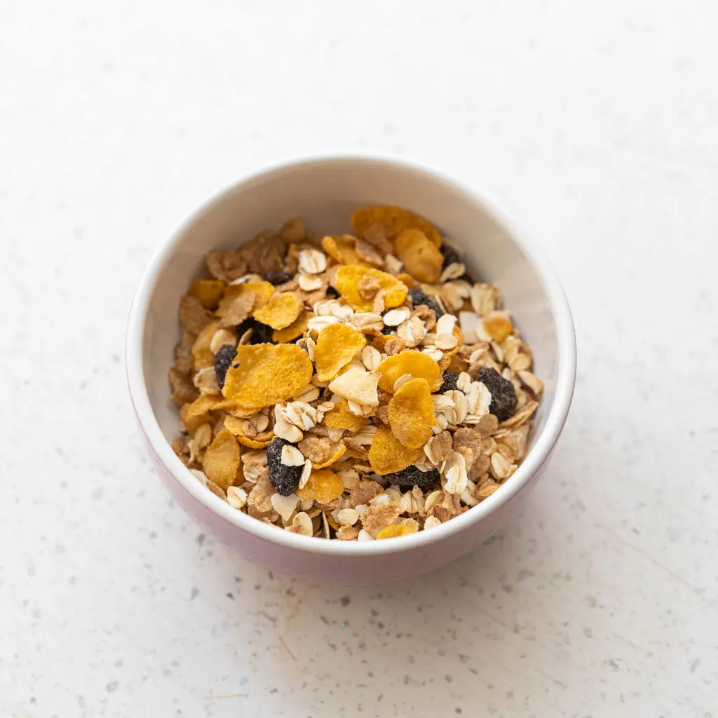 A bowl of cornflakes, oats and raisins on a pale surface.