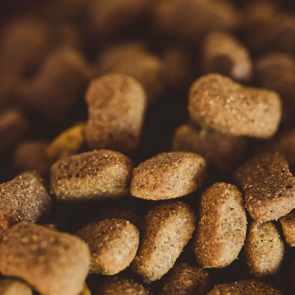 Close-up of shaped dry pet-food kibble pieces.