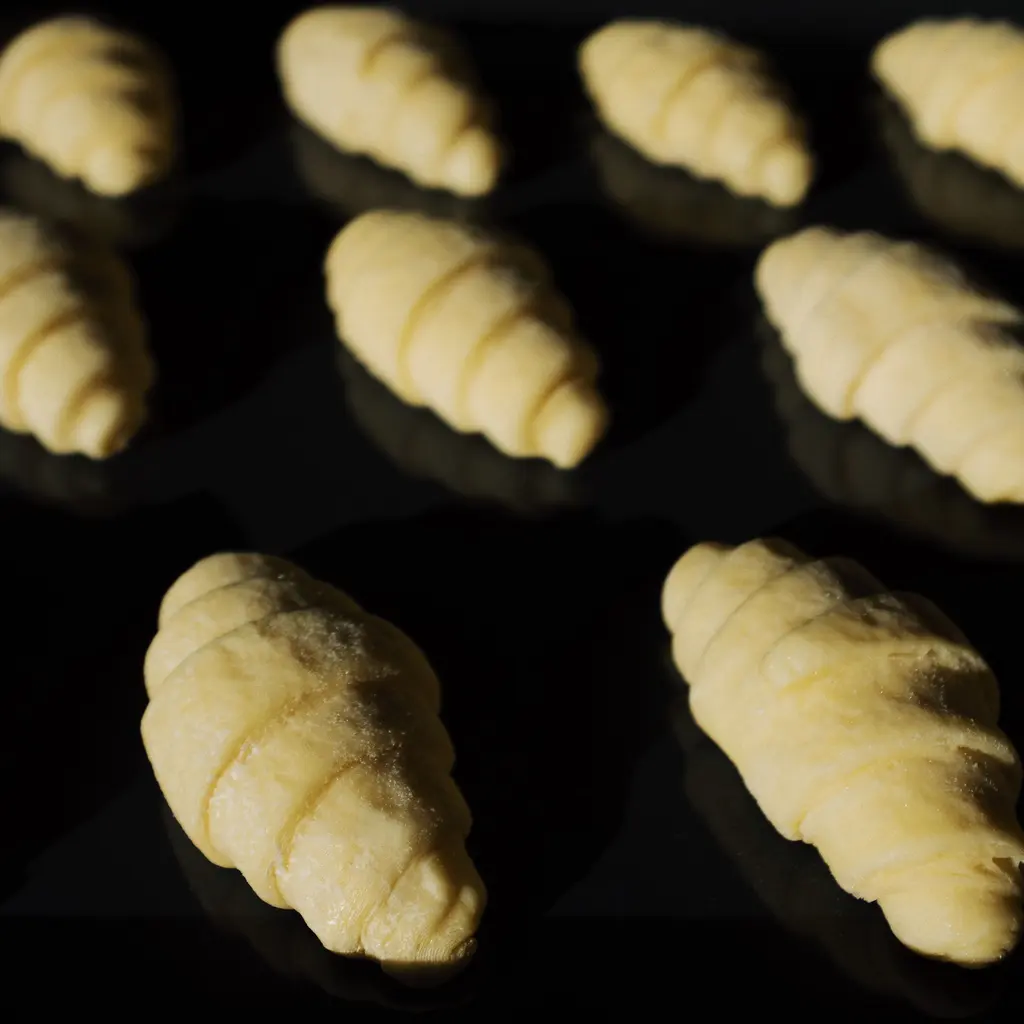Unbaked croissant dough portions arranged on a dark baking tray.
