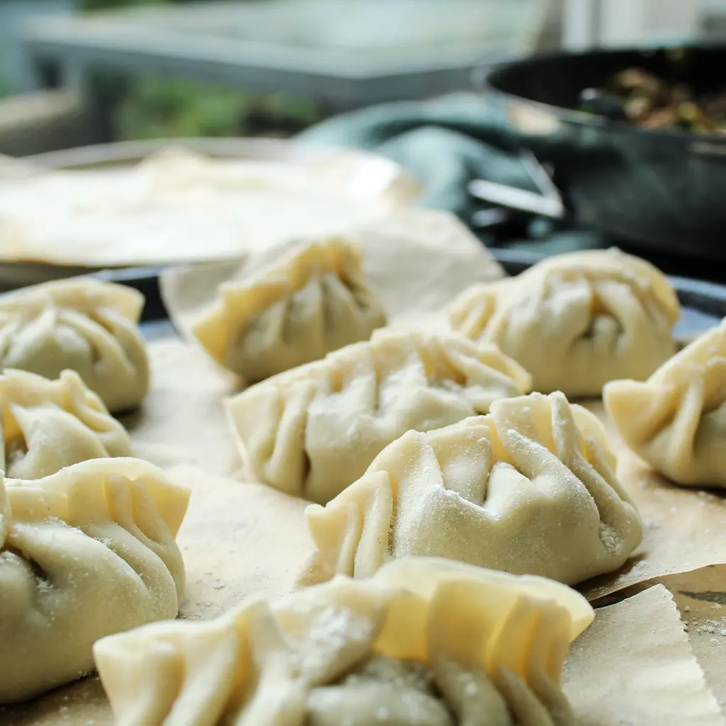 Rows of uncooked dumplings arranged on a tray.