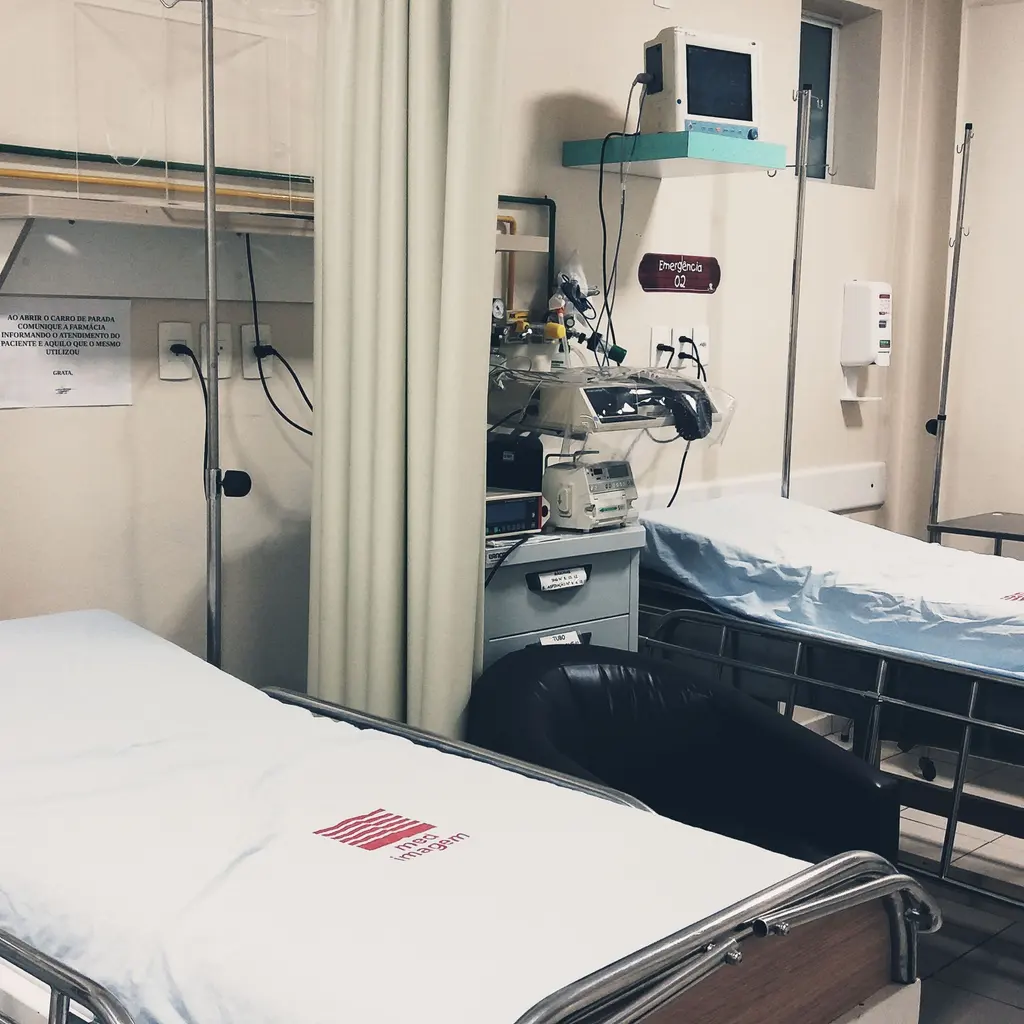 Empty hospital beds with bedside monitoring equipment and medical gas outlets.