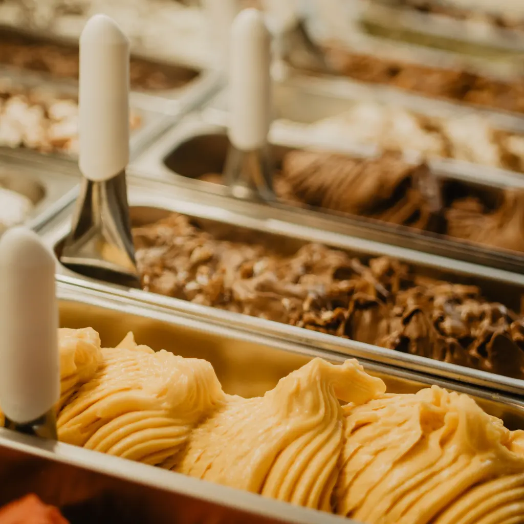 Several flavors of ice cream in stainless-steel display trays.