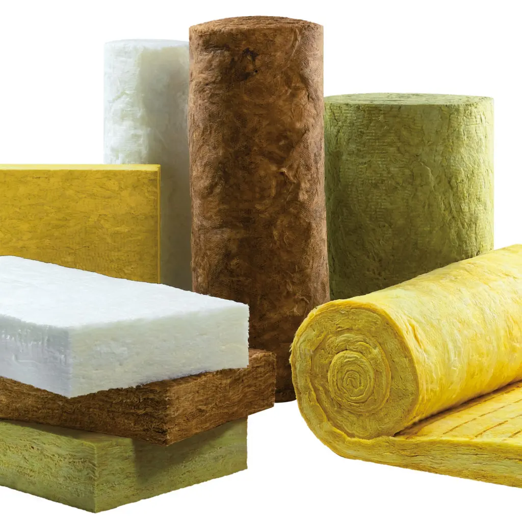 Mineral-wool insulation rolls, boards and batts in several colors and thicknesses.