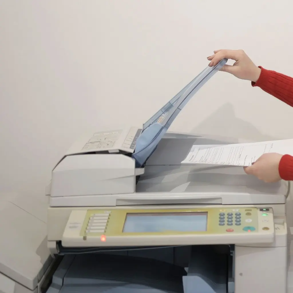 A photocopier with its scanner lid raised and a document on the glass.