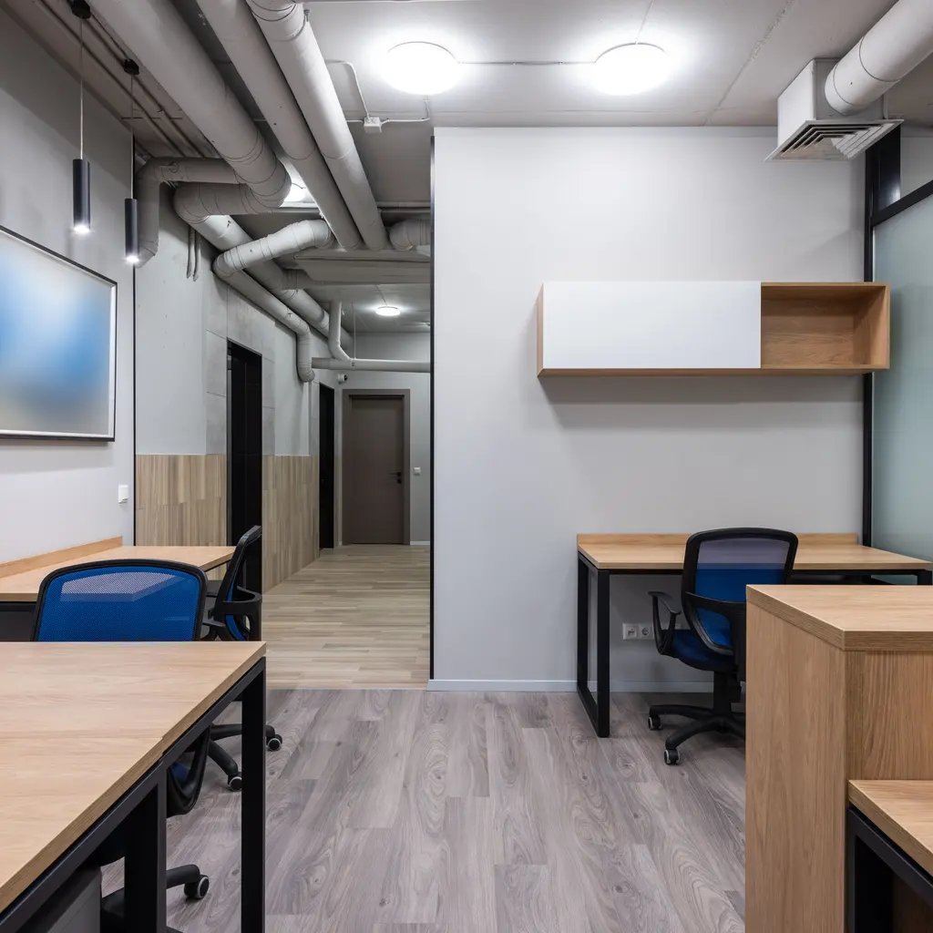 Wooden desks, blue office chairs and storage cabinets in an empty office.