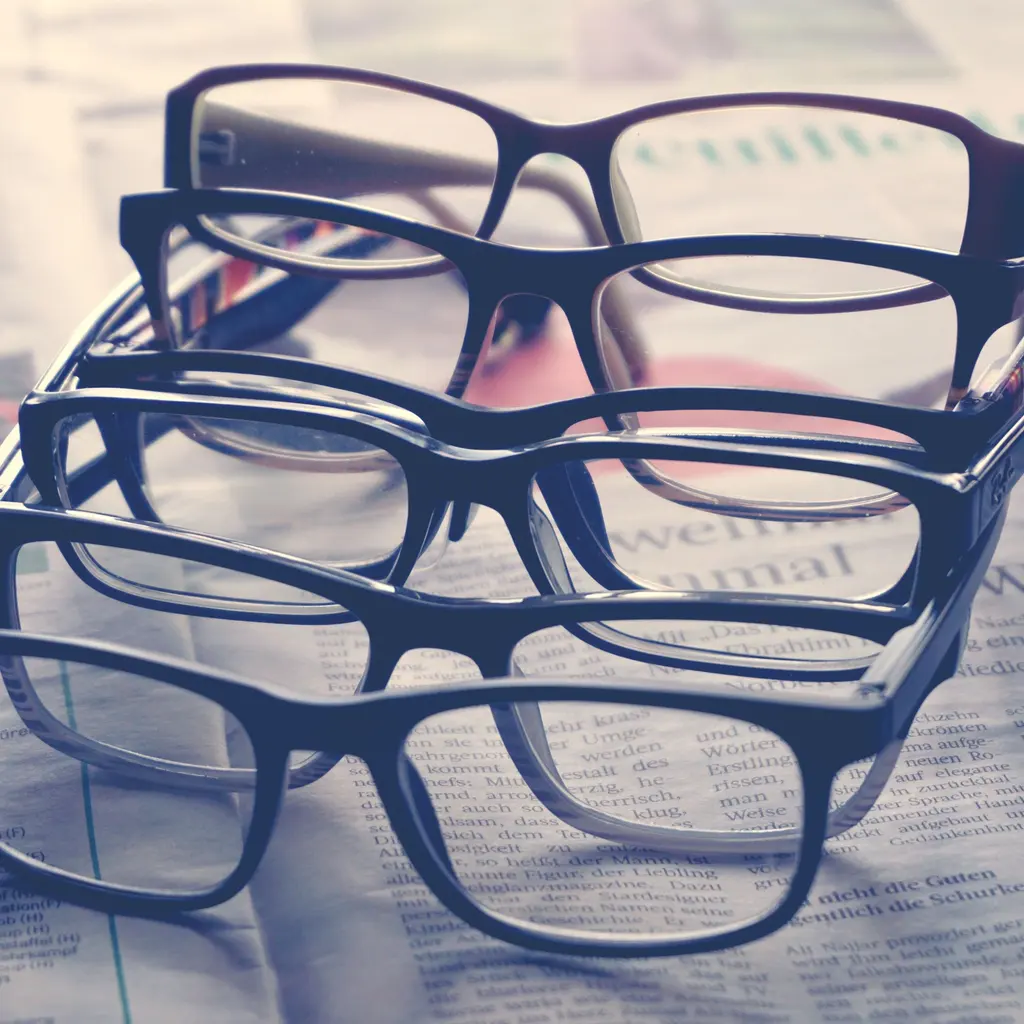 Several pairs of eyeglasses with dark frames arranged in rows.