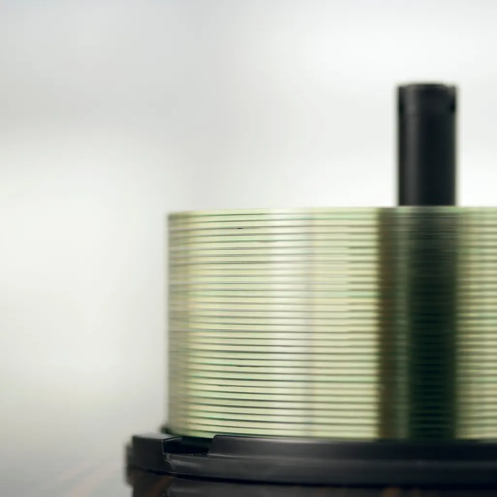 A stack of compact discs on a black storage spindle.