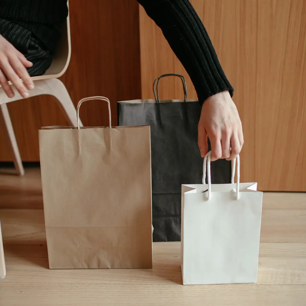 Plain paper shopping bags with cord handles arranged on a wooden floor.