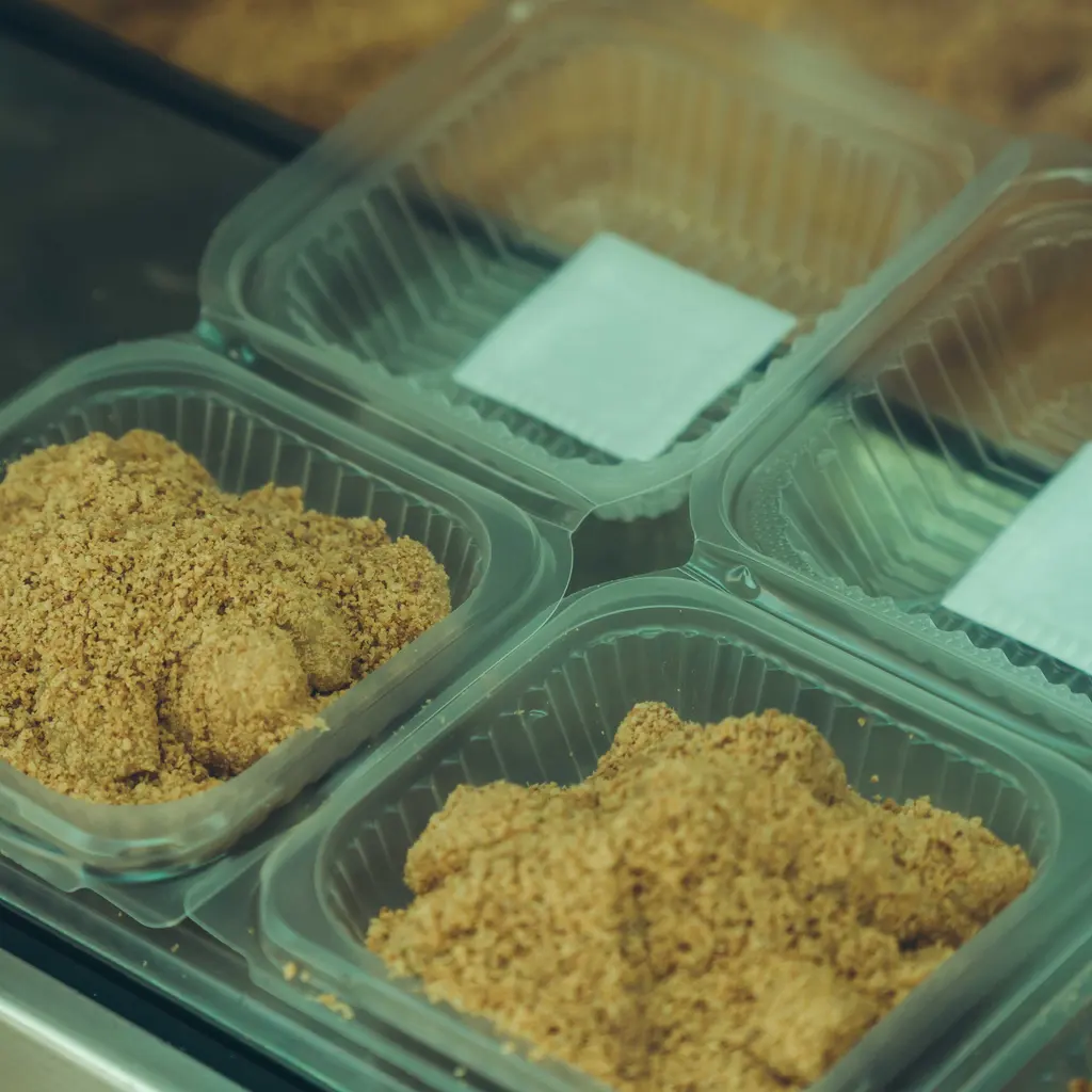 Clear plastic clamshell food containers holding prepared portions on a display counter.