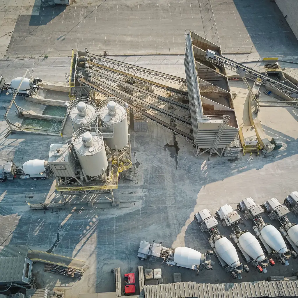 An aerial view of concrete batching equipment, aggregate conveyors and mixer trucks.