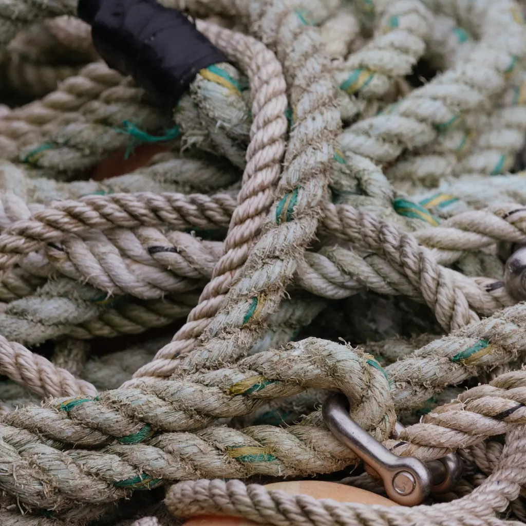 Coiled fiber ropes showing twisted strands and knotted ends.